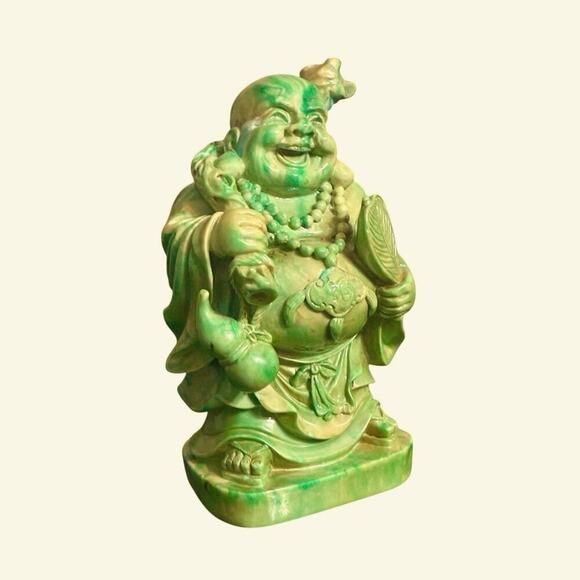 Vintage Green Laughing Buddha Heavy Stone Statue Mid Century Decor - Picture 1 of 4
